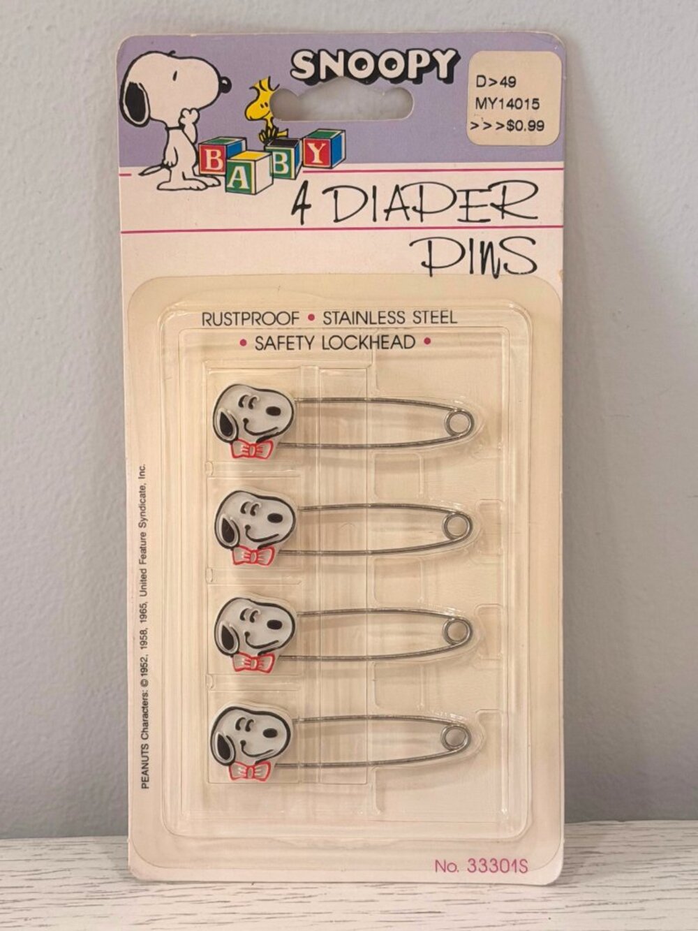 Vintage 1965 Snoopy Baby Diaper Pins Peanuts Danara Stainless Steel Rustproof